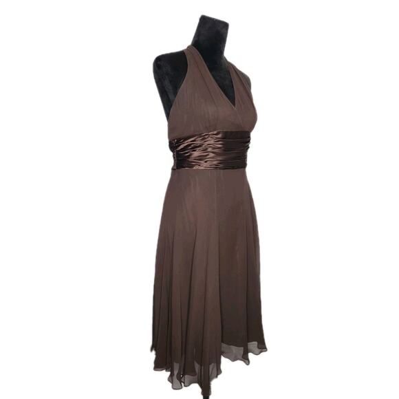 Vtg Y2k Maggy London Silk Brown Halter Neck Knee Length Formal Dress Size 10 - Picture 2 of 7